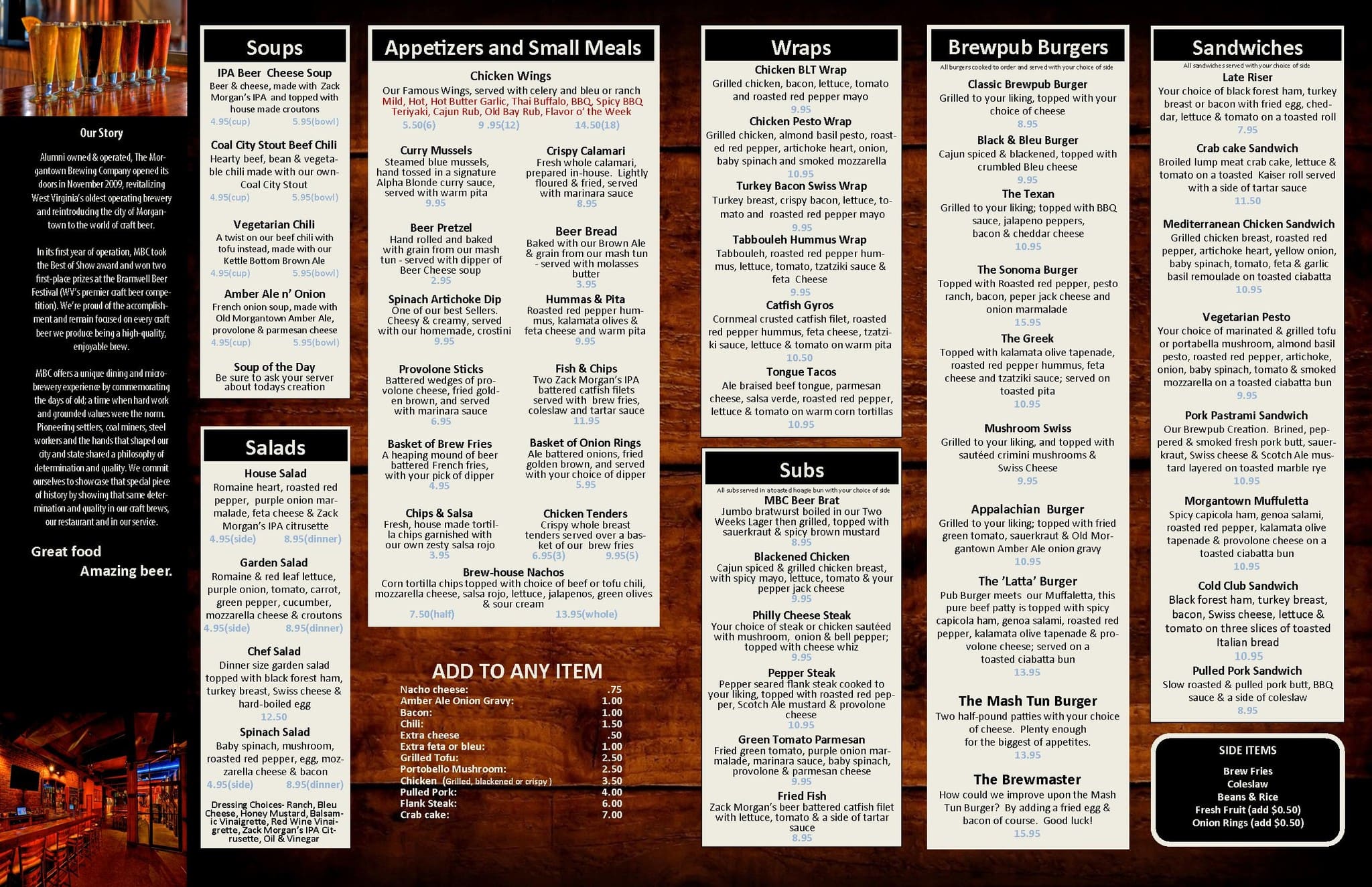 Carta del pub y bar Brewing Company,