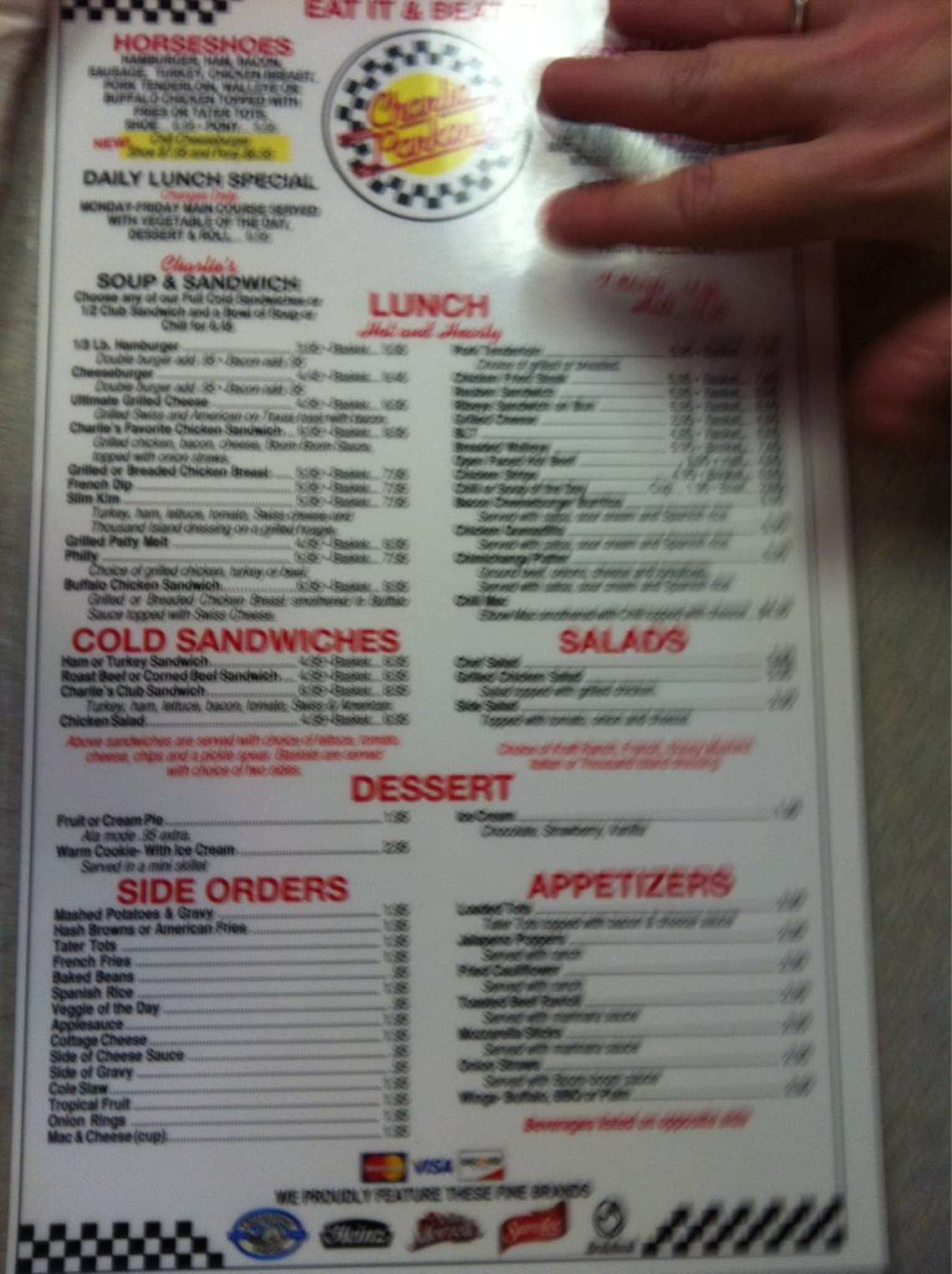 Menu at Charlie Parker's Diner restaurant, Springfield