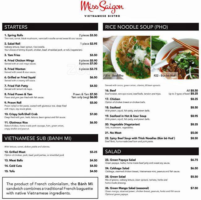 Miss Saigon Vietnamese Bistro Menu Urbanspoon/Zomato