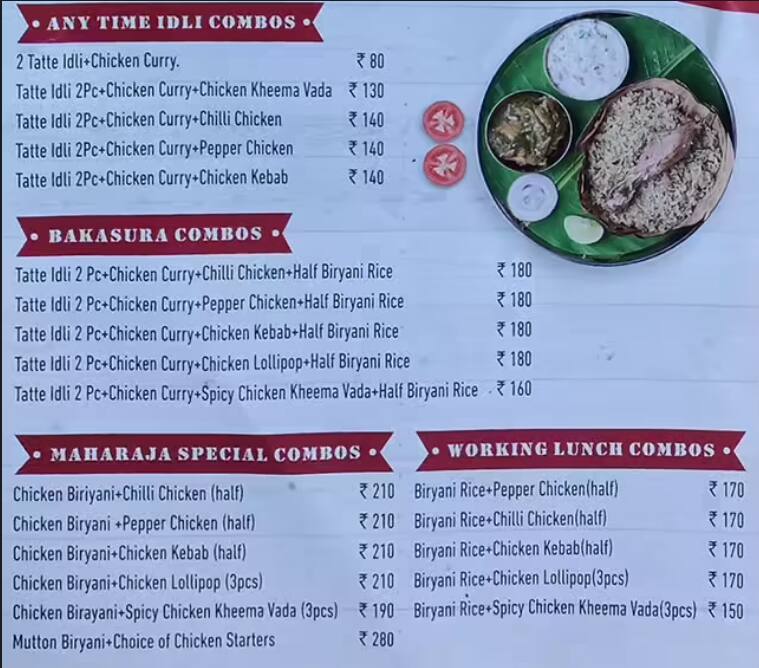 Menu at Maharaja Military canteen, Bengaluru, 7th cross
