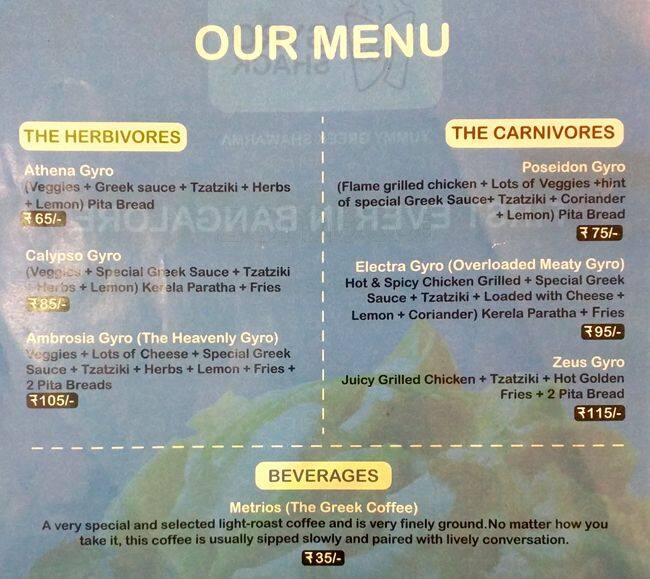 Menu at Gyro Shack, Bengaluru