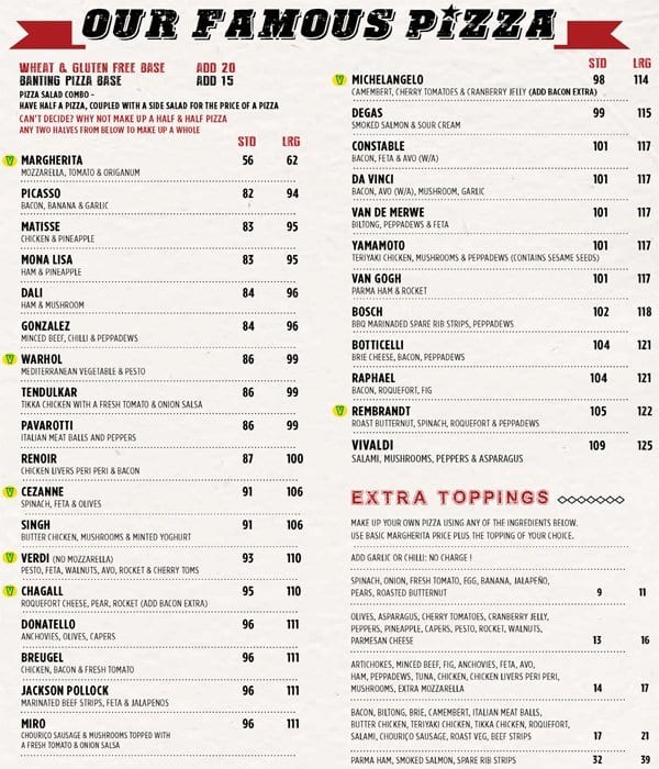 Menu at Da Vincis on Kloof restaurant, Cape Town, 70 Kloof St