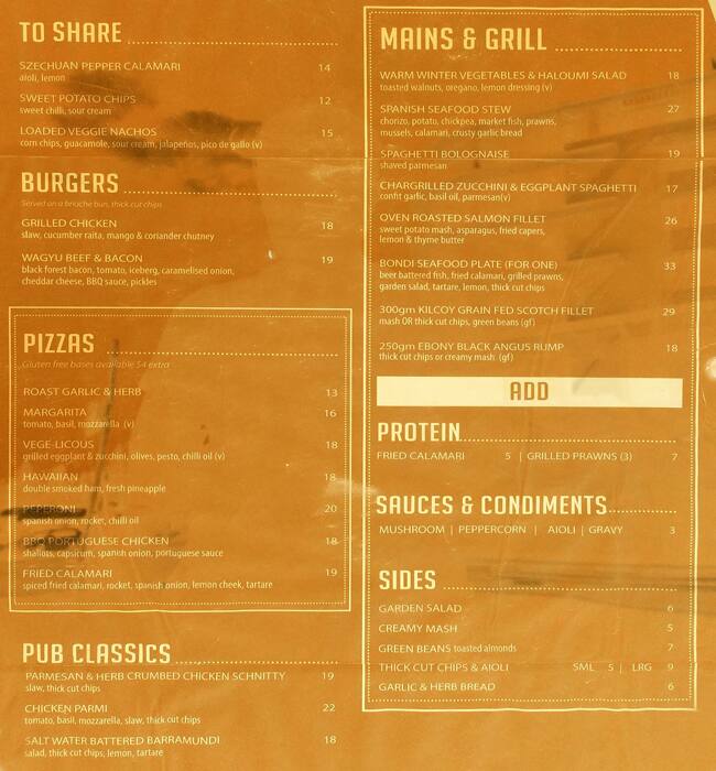 Menu at Bondi Hotel pub & bar, Bondi Beach
