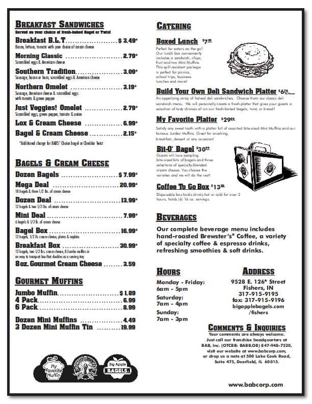 Menu at Big Apple Bagels restaurant, Fishers, E 126th St