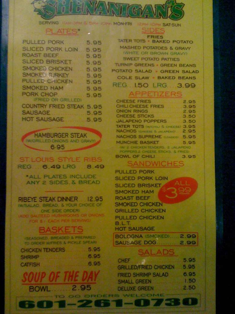 Shenanigans Menu, Menu for Shenanigans, Hattiesburg, Hattiesburg