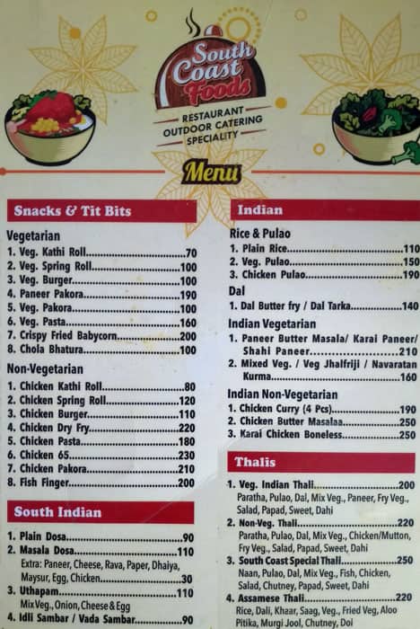 Menu At South Coast Restaurant Guwahati Gs Rd