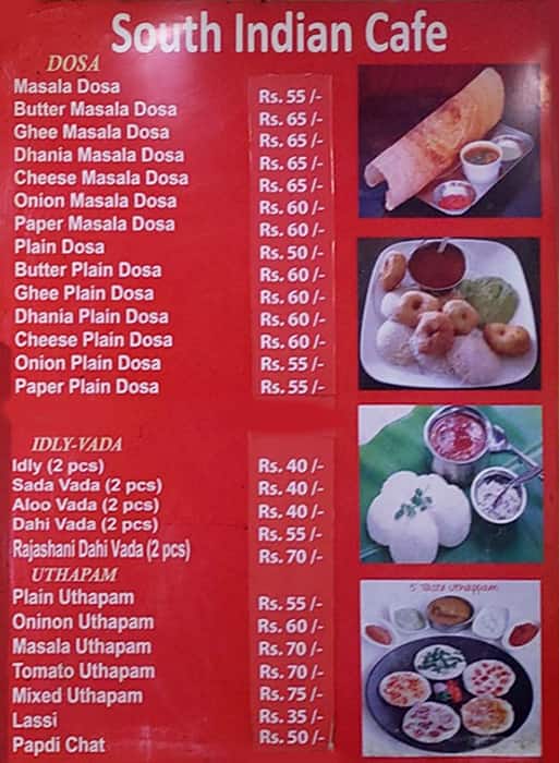 South indian cafe menu
