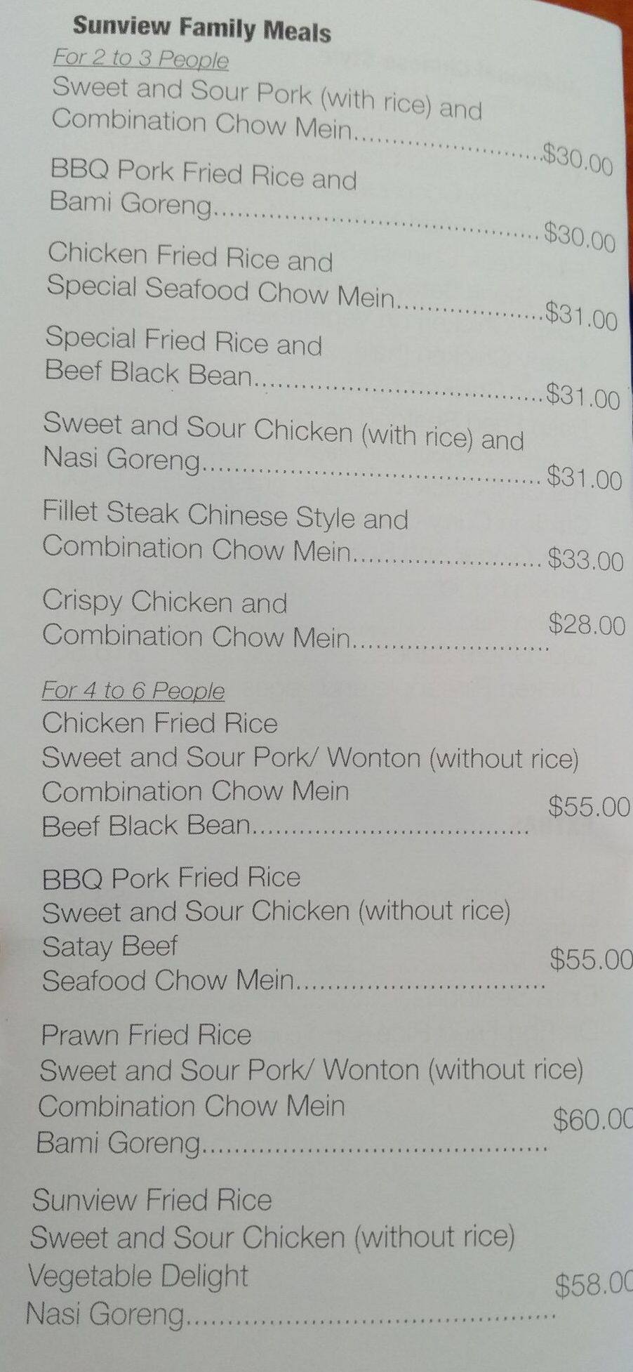 Menu at Sun View Restaurant, Whangaparaoa