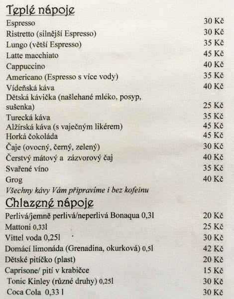 Menu at Cukrárna a kavárna Coffee Time cafe, Prague, Bludovická 398