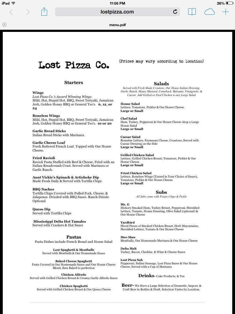 Lost Pizza Company Menu, Menu for Lost Pizza Company, Jackson, Jackson