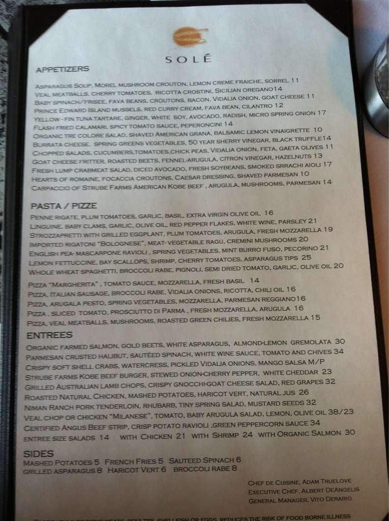 Menu at Sole restaurant, New Canaan