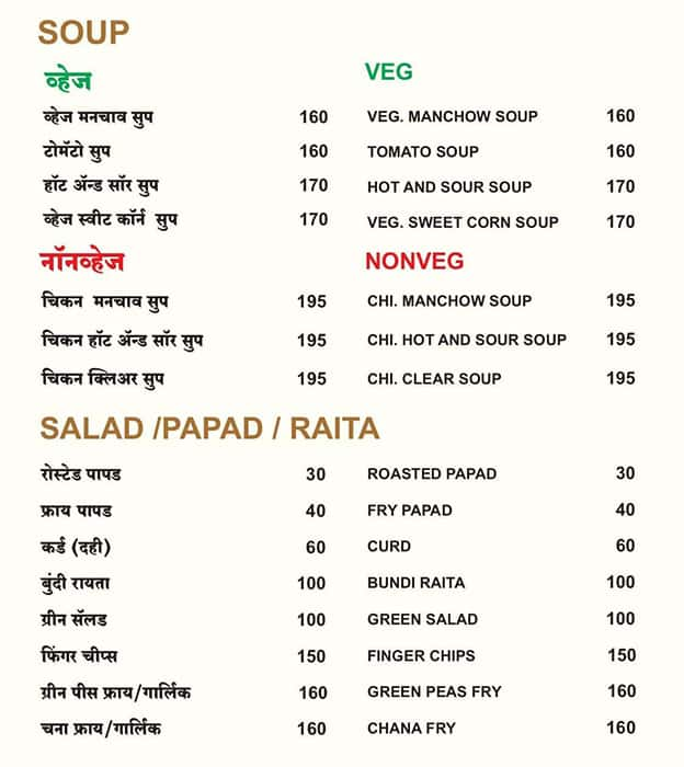 Menu of Hotel Yogiraj Veg Non Veg, Pimpri, Pune