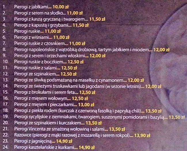 Menu at Pierożki u Vincenta restaurant, Kraków, Juliusza Lea 114