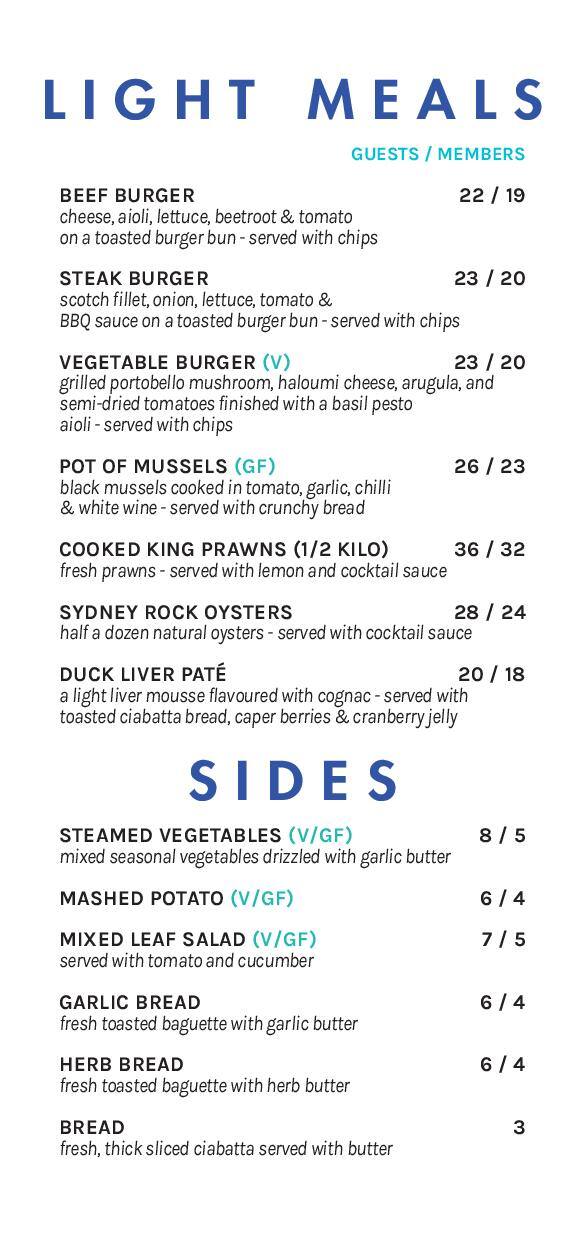 Bondi Icebergs Swimming CLUB menu