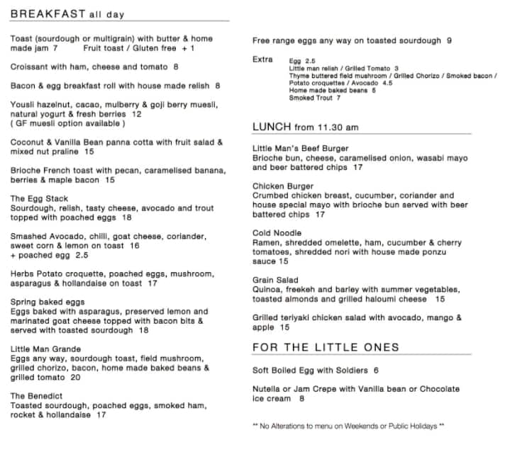 The Little Man Cafe menu, Menu restauracji The Little Man Cafe, Seddon