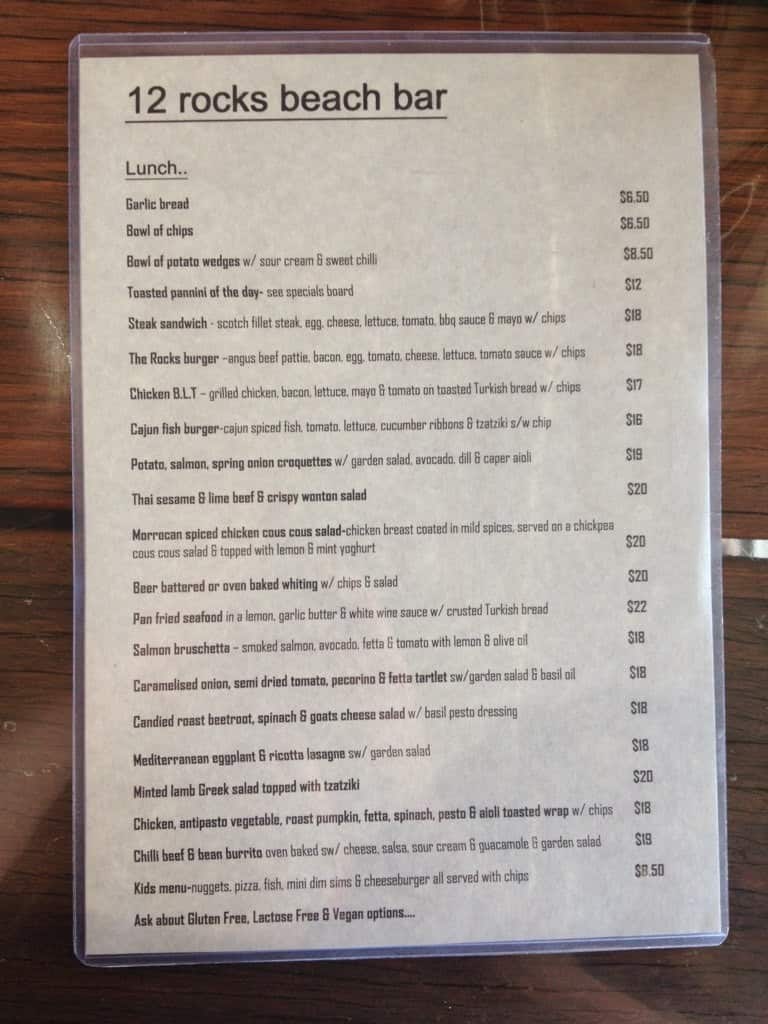 12 rocks beach bar cafe menu port campbell menu