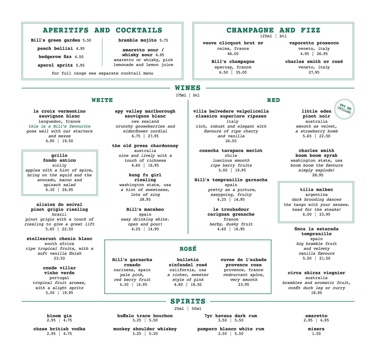 Menu at Bill's restaurant, Horsham