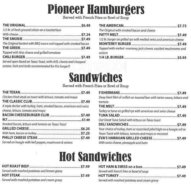 Menu at Pioneer Restaurant, Arlington