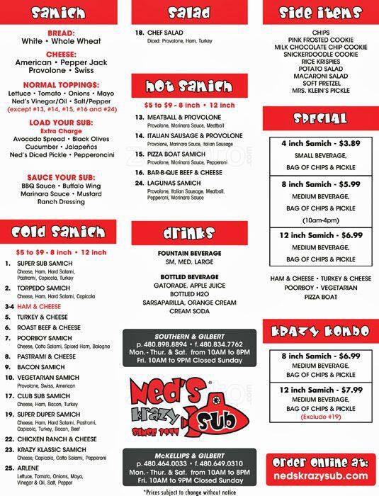 Ned's Krazy Subs Menu, Menu for Ned's Krazy Subs, Mesa, Mesa