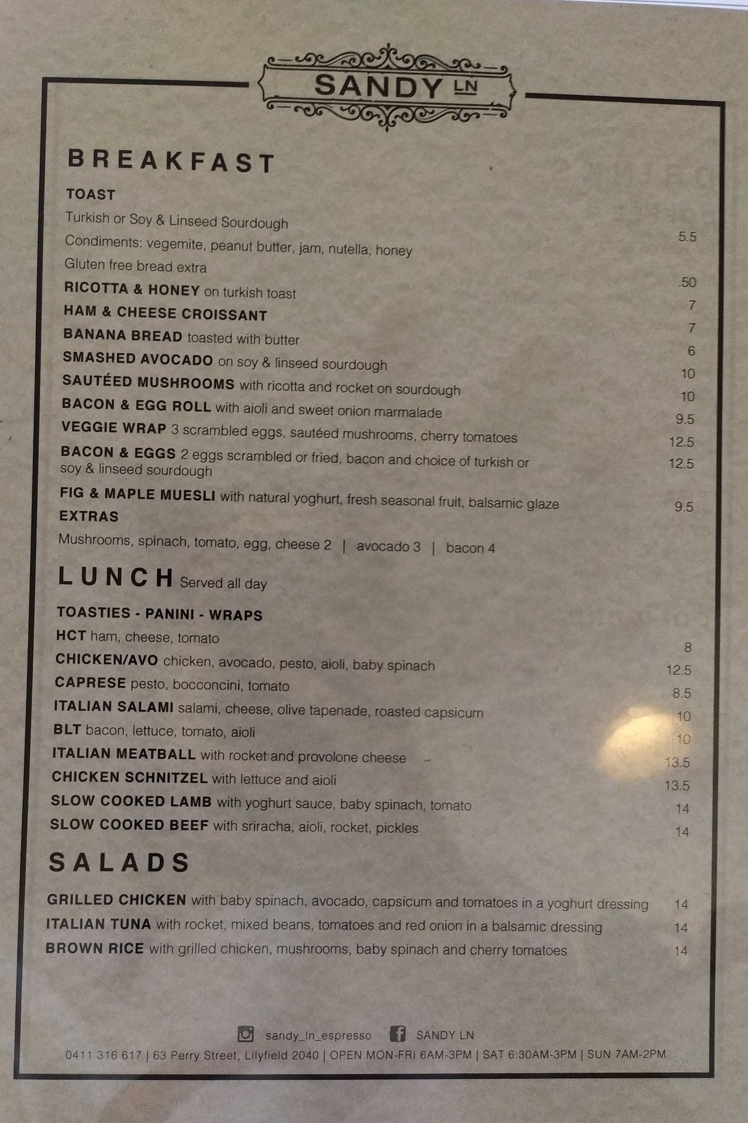Menu at Sandy Ln cafe, Lilyfield
