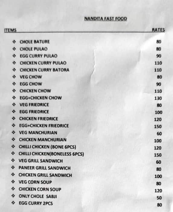 Nandita Fast Food & Anjana Resturant menu