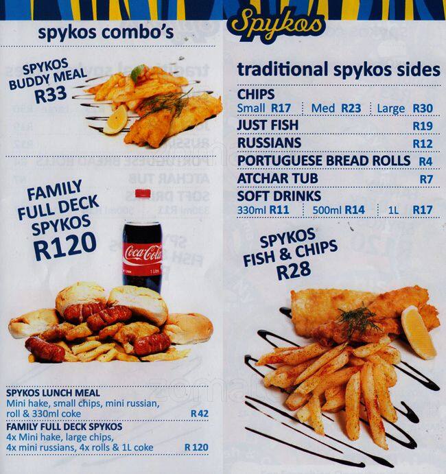 Menu at Spykos Fish & Chips, Johannesburg South