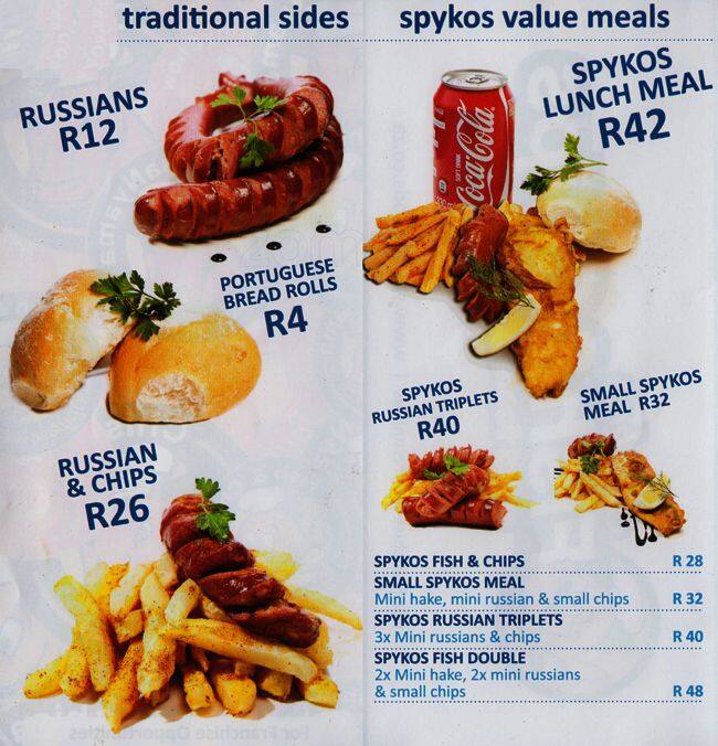 Menu at Spykos Fish & Chips, Johannesburg South