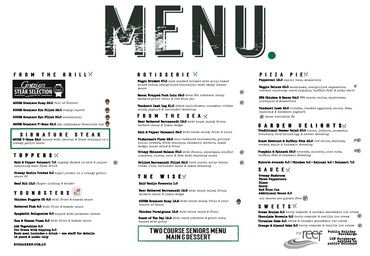 Menu at Noosa Reef Hotel restaurant, Noosa Heads