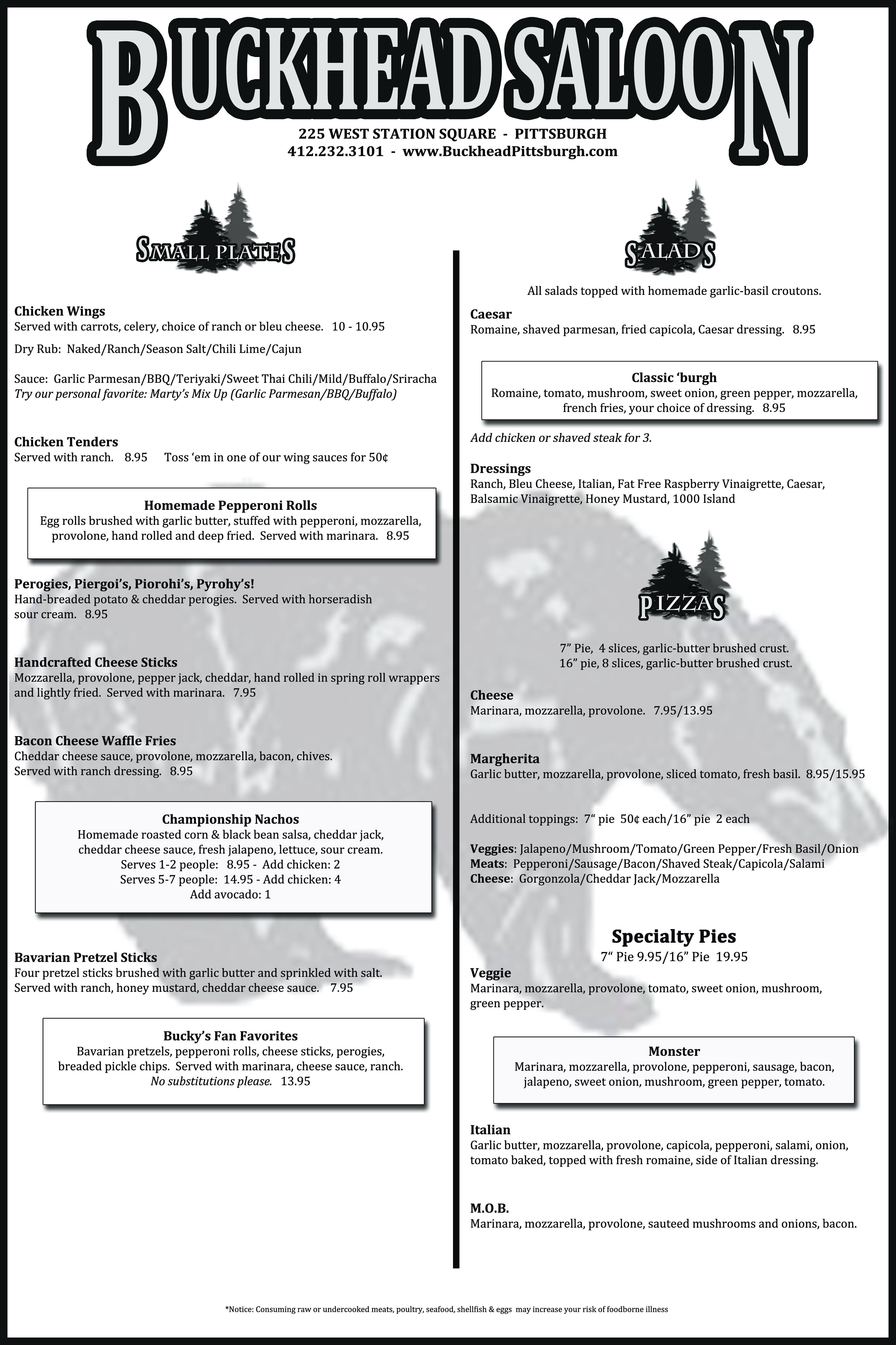 Menu at Buckhead Saloon pub & bar, Pittsburgh