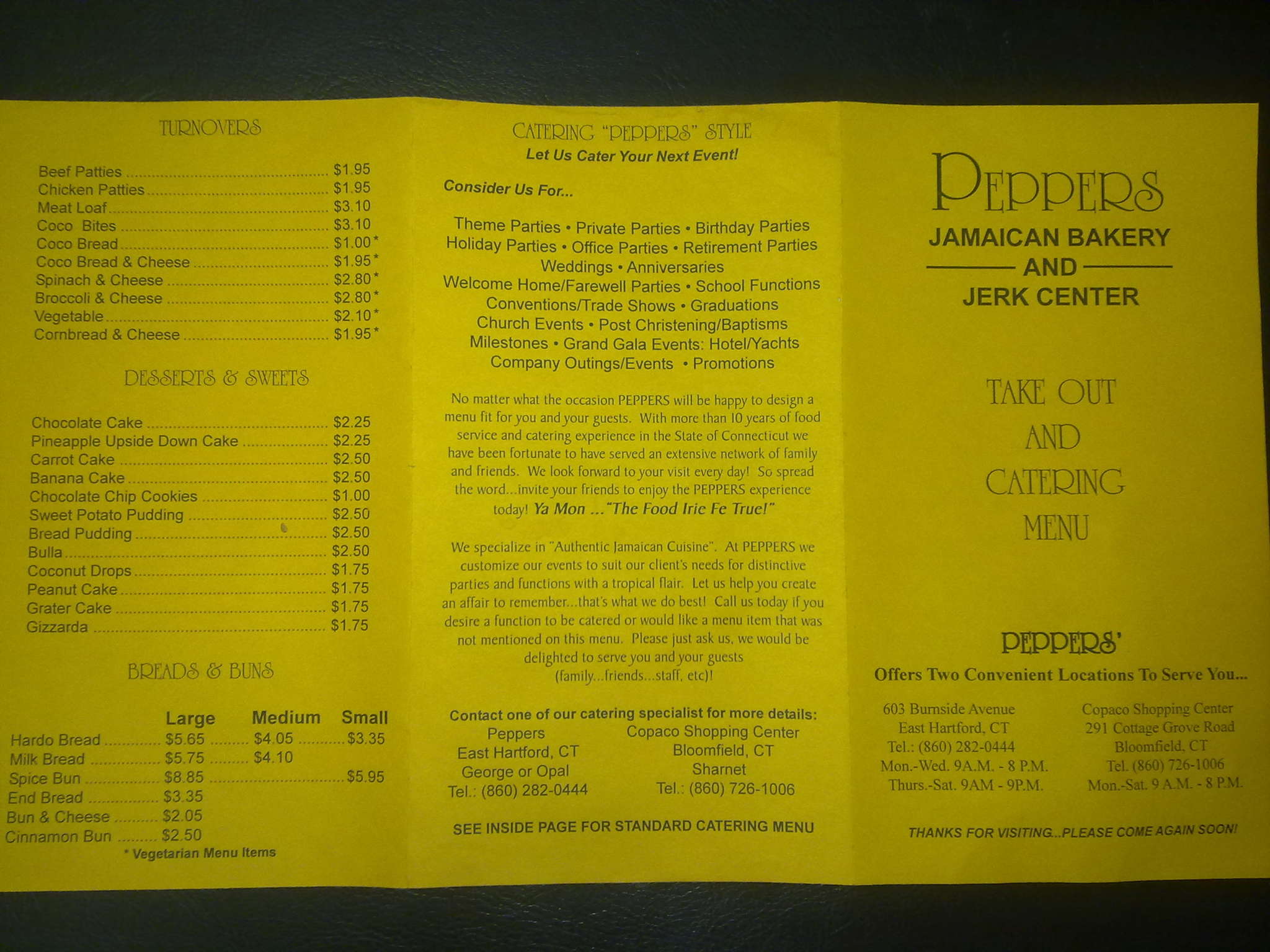 Menu at Peppers Jamaican Bakery & Jerk, East Hartford, 603 Burnside Ave