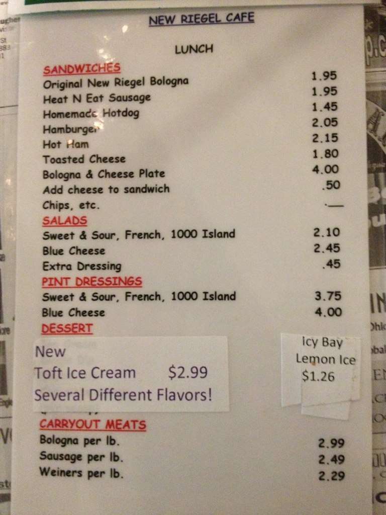 Menu at New Riegel Cafe, New Riegel