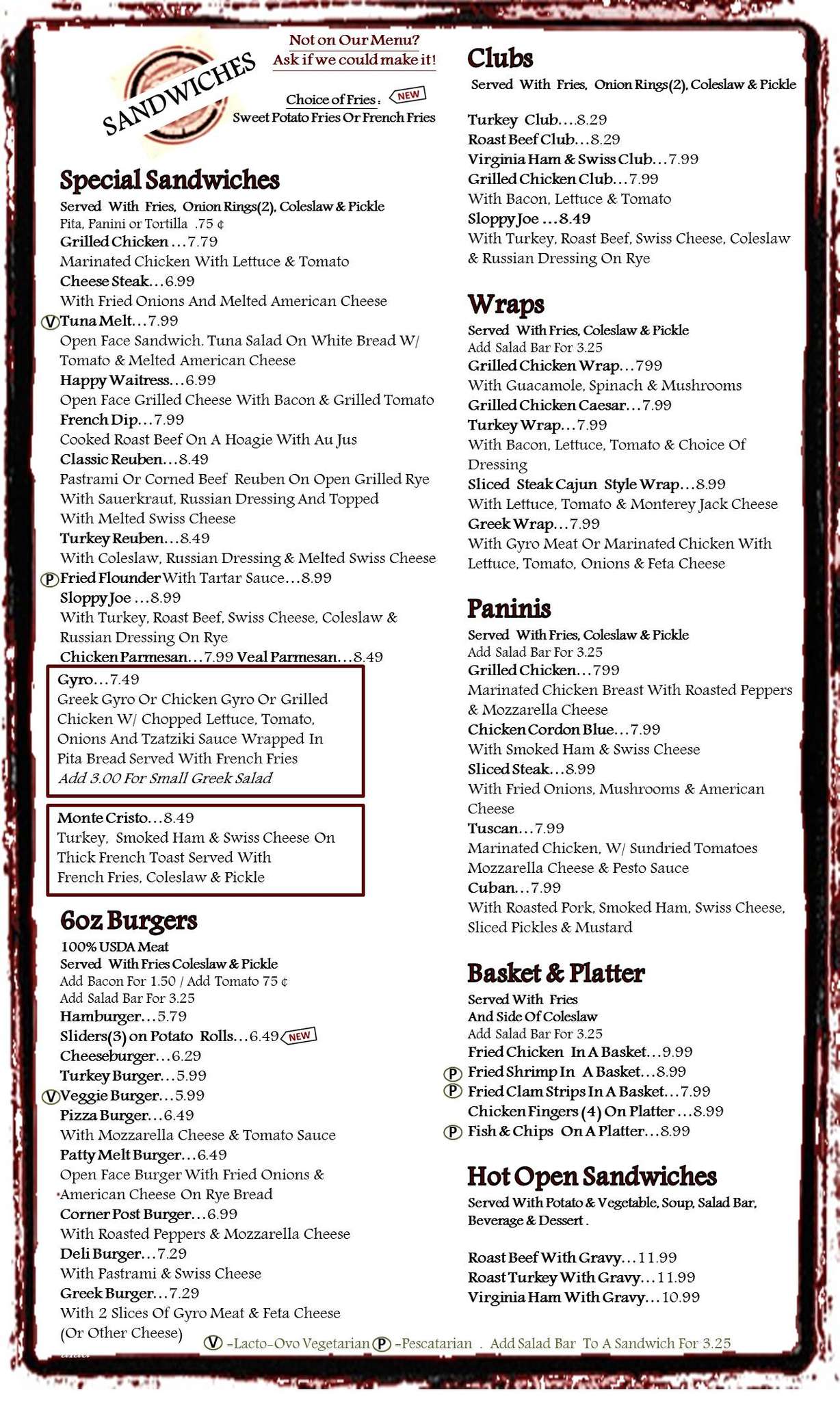 Menu at Corner Post Diner restaurant, Brick, Hooper Ave