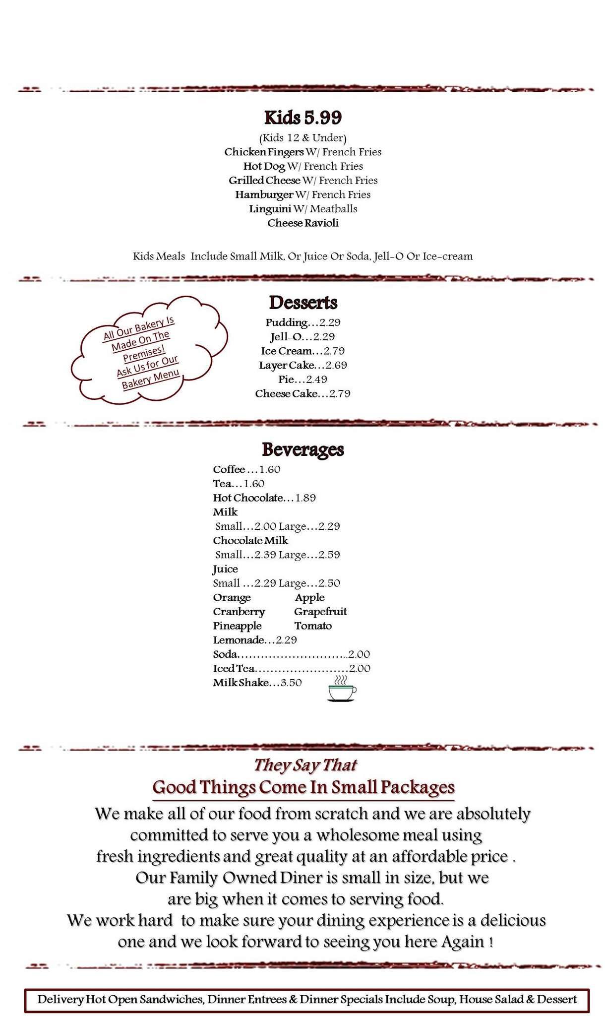 Menu at Corner Post Diner restaurant, Brick, Hooper Ave