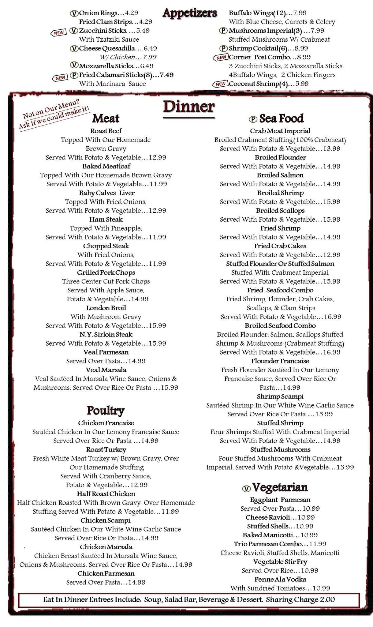 Menu at Corner Post Diner restaurant, Brick, Hooper Ave