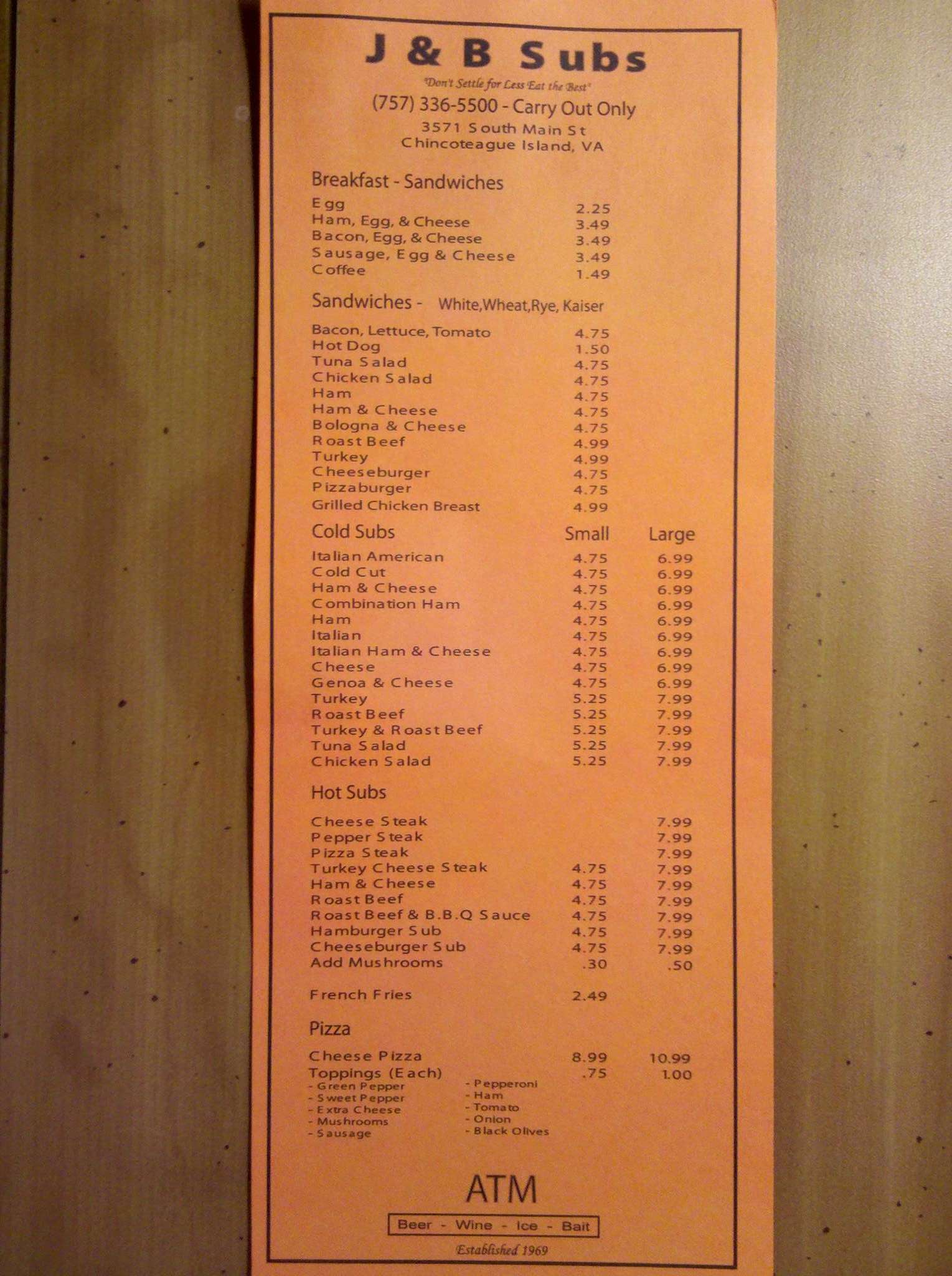 Menu at J & B Subs restaurant, Chincoteague Island