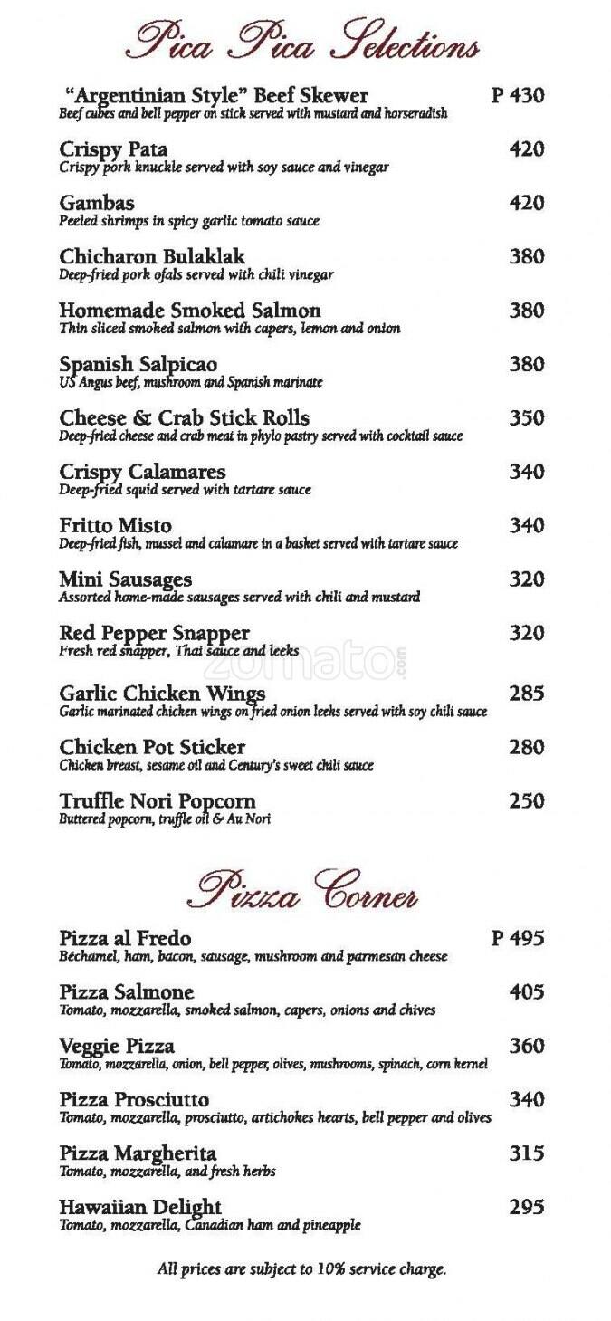 Atrium Lounge - Century Park Hotel Menu - Zomato Philippines