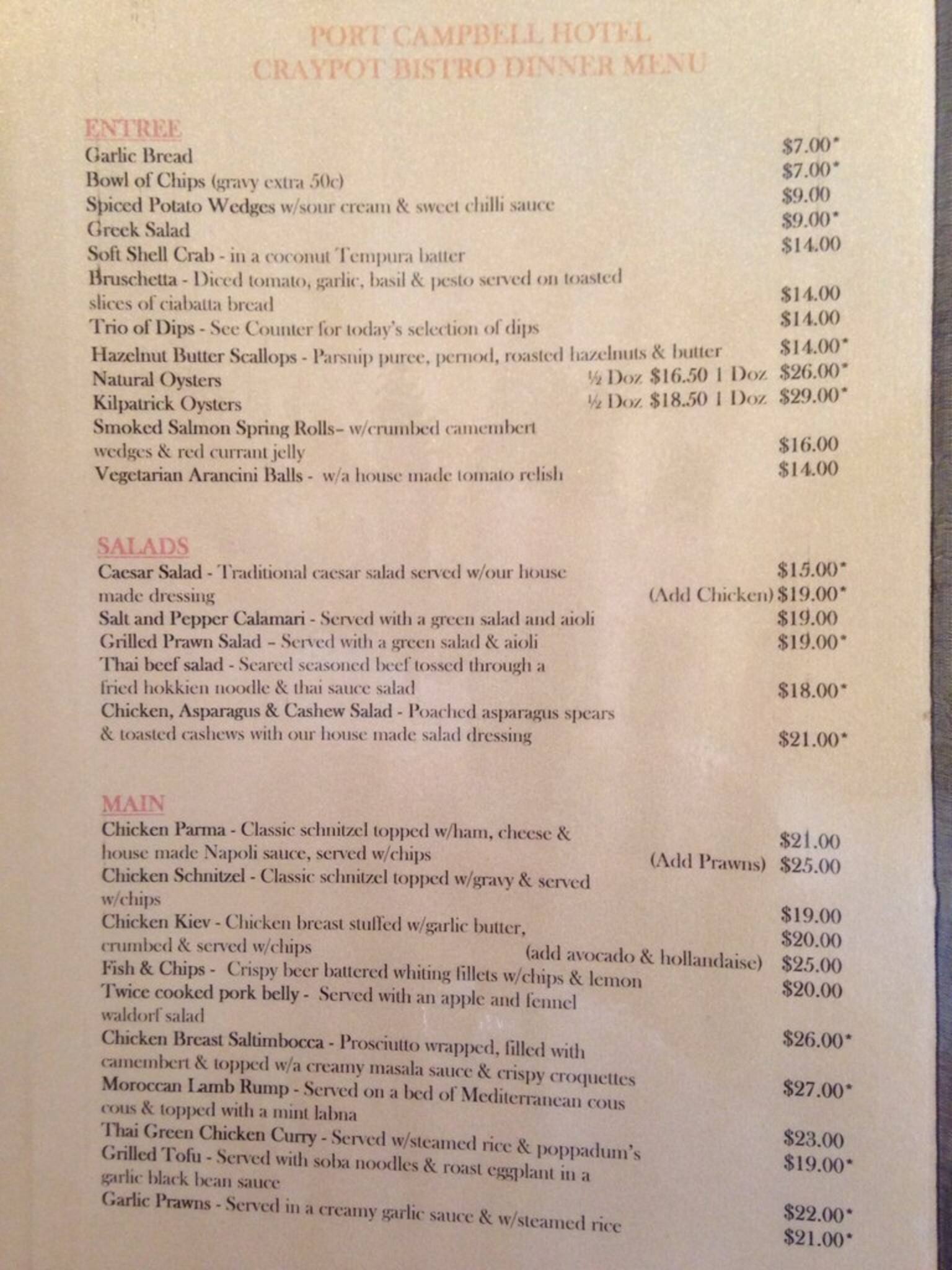 Menu at Port Campbell Hotel pub & bar, Port Campbell