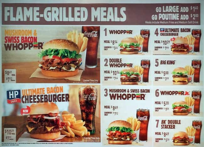 Burger King Menu, Menu for Burger King, Downtown, Vancouver