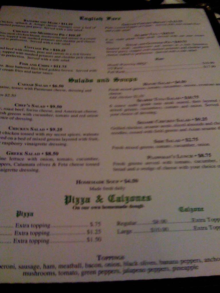 Menu at The Ship English Pub, Gatlinburg