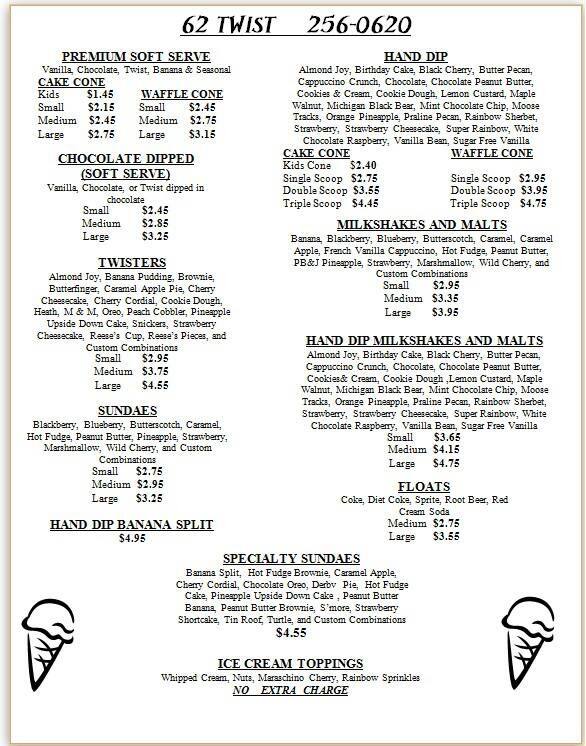62 Twist menu, Menu restauracji 62 Twist, Charlestown, Charlestown