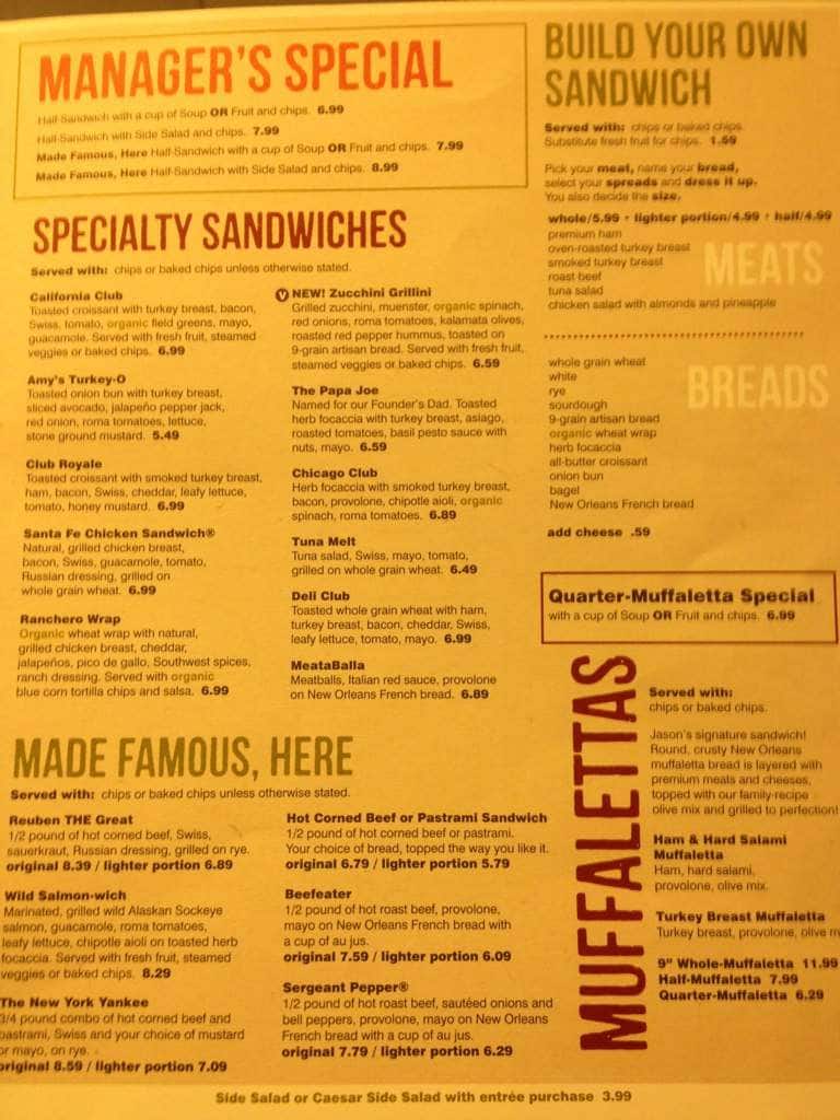 Menu at Jason's Deli restaurant, Lake Charles