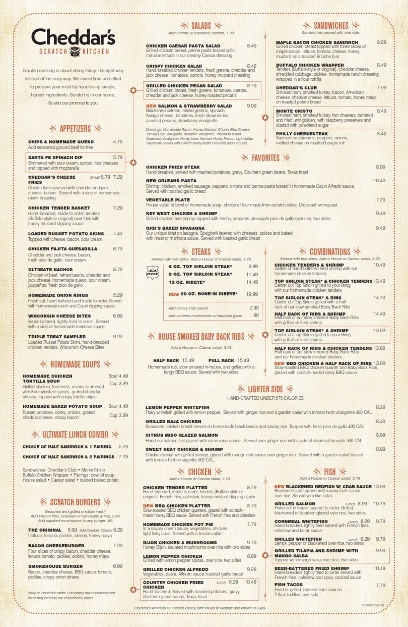 Cheddars Scratch Kitchen Menu Urbanspoon Zomato