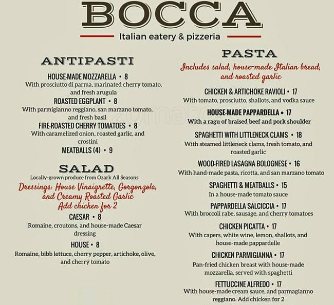 Menu at Bocca Italian eatery & pizzeria, Fayetteville