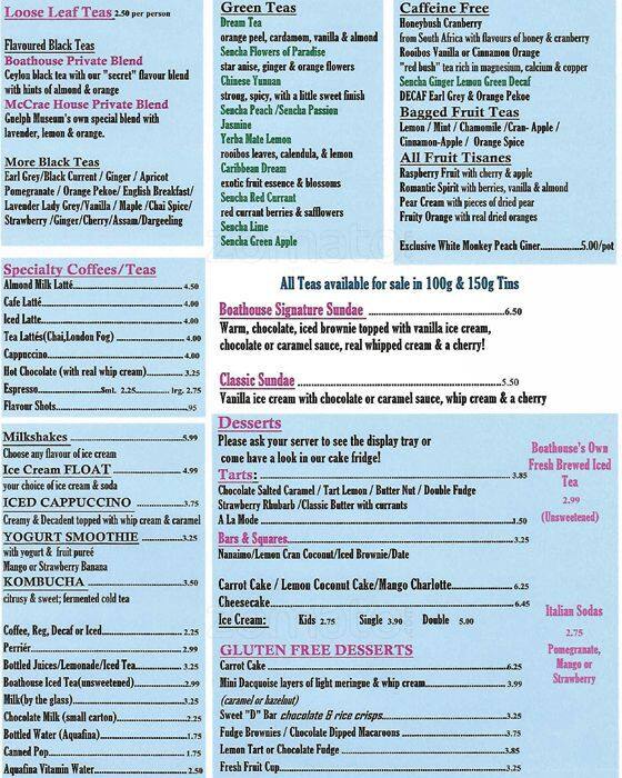 Menu at The Boathouse Tea Room desserts, Guelph