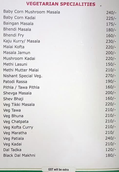 Nishant Park Restaurant menu