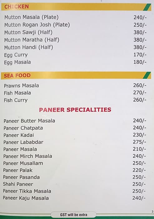 Nishant Park Restaurant menu