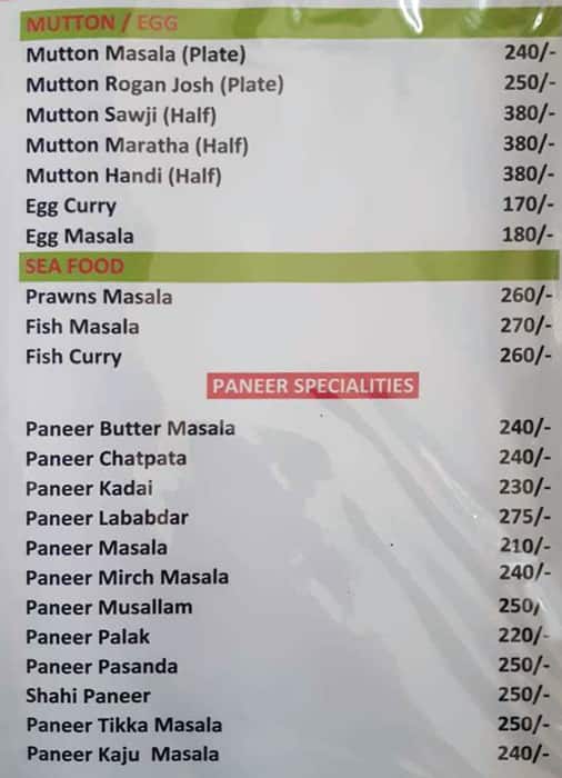 Nishant Park Restaurant menu