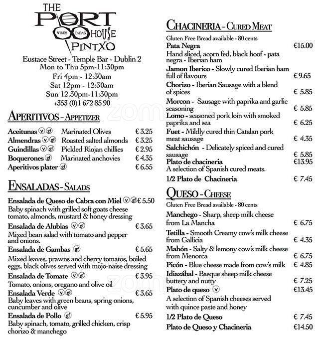The Port House Pintxo Menu, Menu for The Port House Pintxo, Temple Bar