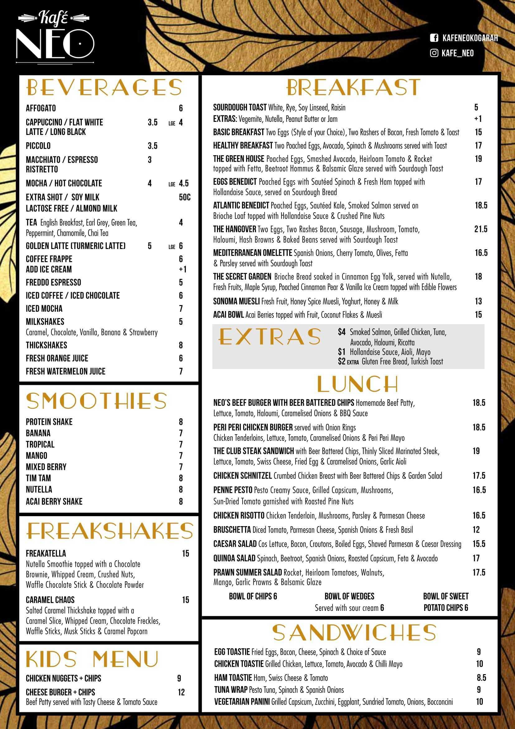 Menu at Kafé Neo cafe, Kogarah