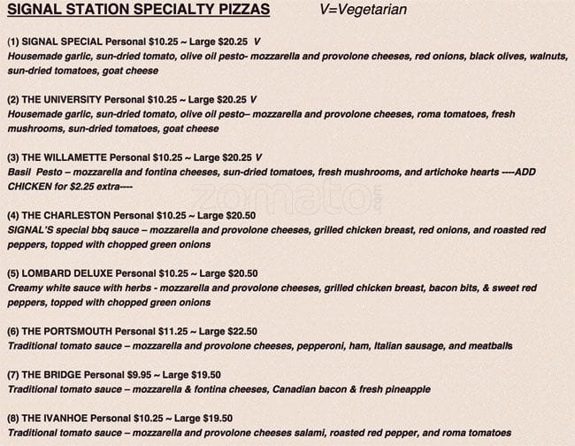 Signal Station Pizza Menu, Menu for Signal Station Pizza, St. Johns